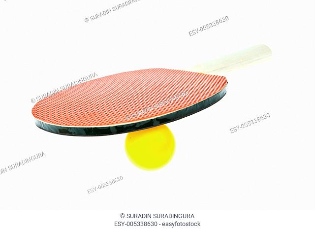 Table tennis racket and ball isolated on white background
