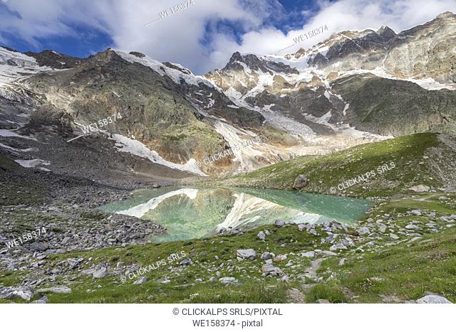 The Locce Lake and the East face of the Monte Rosa Massif (Locce Lake, Macugnaga, Anzasca Valley, Verbano Cusio Ossola province, Piedmont, Italy, Europe)