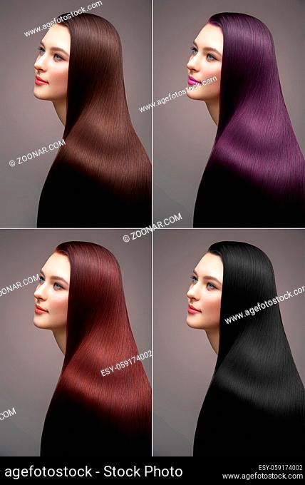 beautiful young woman with different hair dye colors. silky glowing hairstyle. beauty studi shot. collage of multiple images