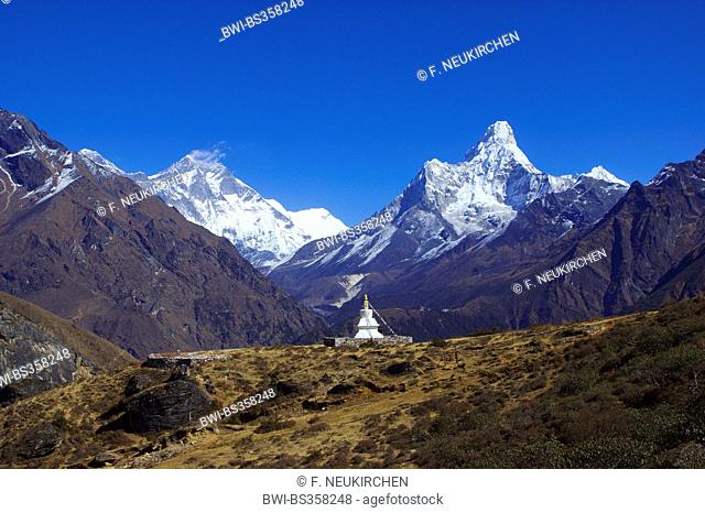 Lhotse and Ama Dablam, in front Sir-Edmund-Hillary-Stupa above Khumjung, Nepal, Himalaya, Khumbu Himal