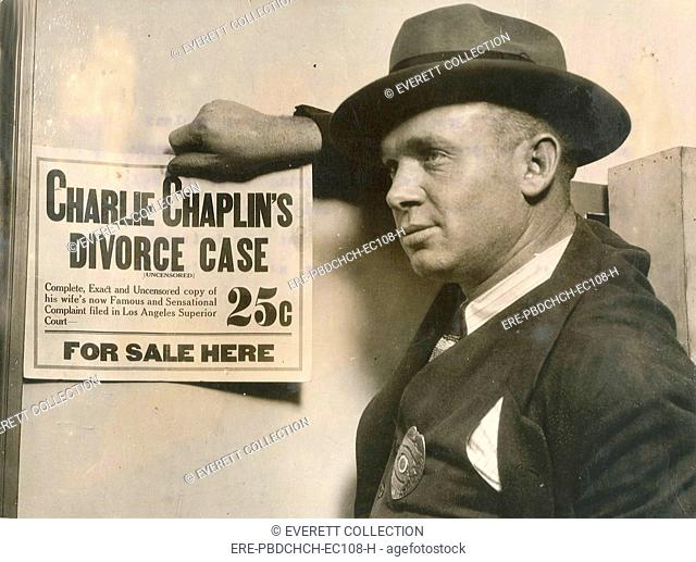 Man peddling uncensored account of Lita Grey Chaplin's complaint filed in Los Angeles Superior Court against Charlie Chaplin, 1927
