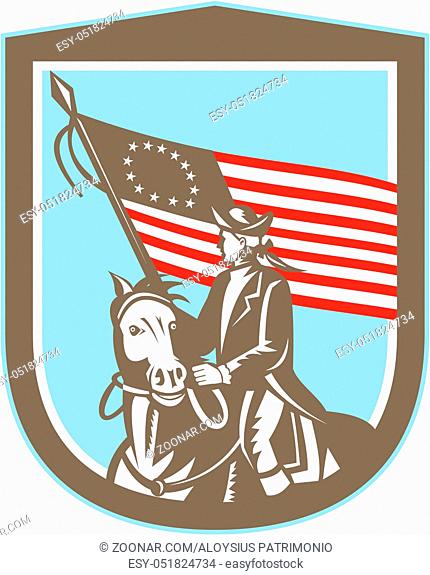 Illustration of an American revolutionary soldier military serviceman riding a horse holding USA stars and stripes flag set inside shield crest on isolated...
