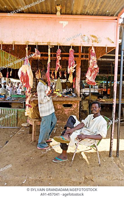 Butcher's stall at market, Atbarah. Upper Nubia, Blue Nile state, Sudan