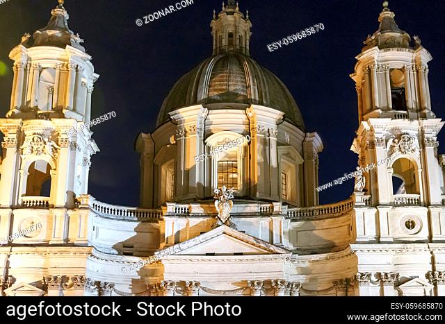night frontal view of Saint Agnese church in Piazza Navona, Rome, Italy