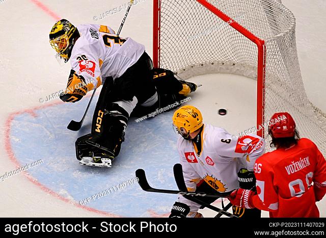 L-R Goalkeeper Gustaf Lindvall and Petter Granberg (Skelleftea) and Daniel Vozenilek (Trinec) in action during the Champions Hockey League opening match HC...