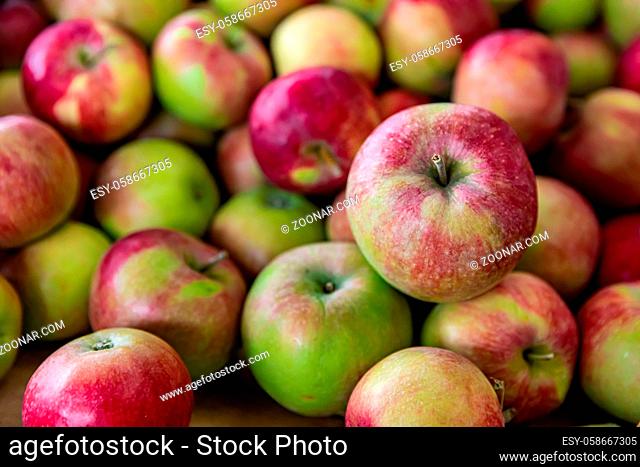 Close up full frame shot of beautiful apples on sale at the local food market. Red and green shiny peel, looking crisp and juicy