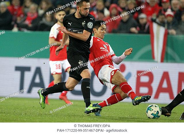 Mainz' Yoshinori Muto in action during the German DFB Cup soccer match between FSV Mainz 05 and VfB Stuttgart in the Opel Arena in Mainz, Germany