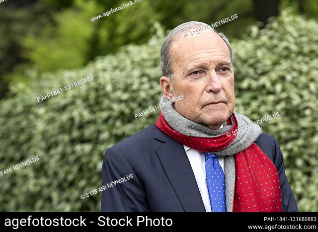 Director of the National Economic Council Larry Kudlow speaks to members of the media following a television interview outside the White House in Washington D