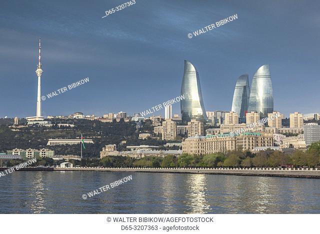 Azerbaijan, Baku, city skyline with Baku Television Tower and Flame Towers form Baku Bay, dawn