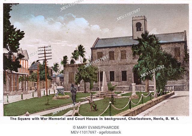 The Square with War Memorial and Court House, Charlestown, Nevis, West Indies