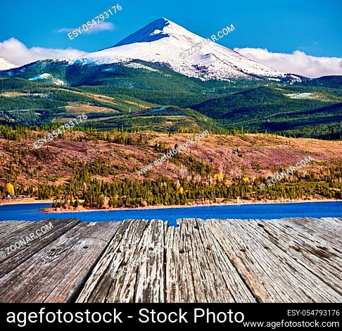 Dillon Reservoir and Swan Mountain in snow at autumn. Rocky Mountains, Colorado, USA
