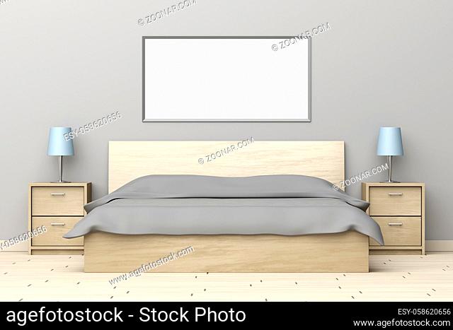 Modern bedroom interior with wooden bed and nightstands