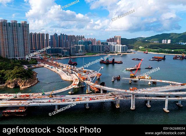 Tseung Kwan O, Hong Kong 07 August 2021: Drone fly over the bridge under construction