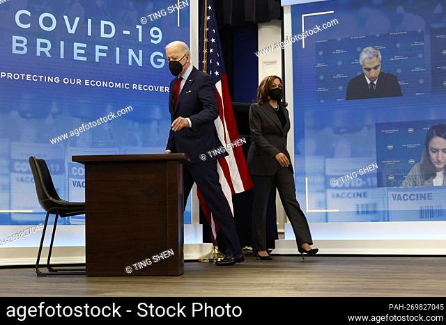 United States President Joe Biden and US Vice President Kamala Harris arrive to a meeting with members of the White House Covid-19 Response Team at the...