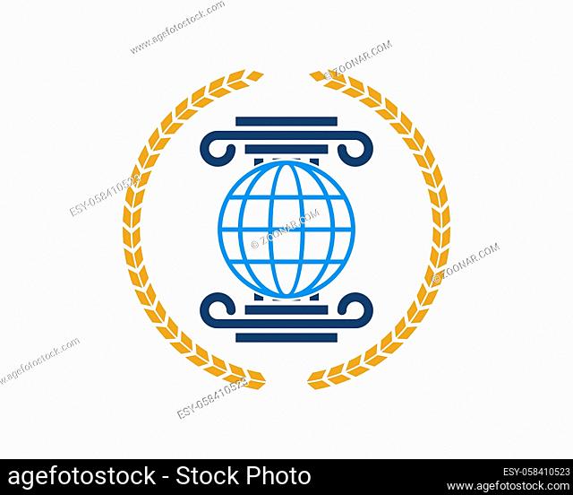 Circular wheat with law pillar and abstract globe inside