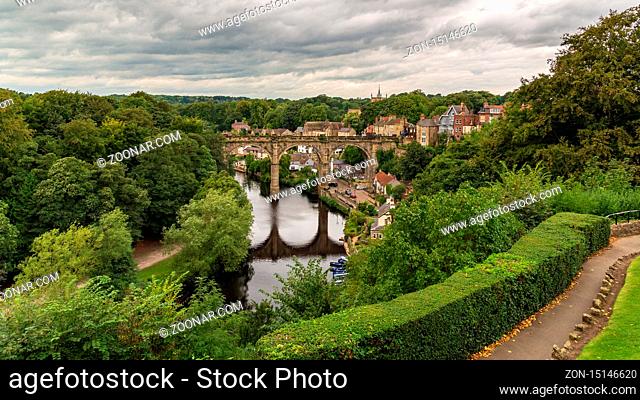 Knaresborough, North Yorkshire, England, UK - September 09, 2016: View from the Castle Grounds towards the River Nidd and the Knaresborough Viaduct