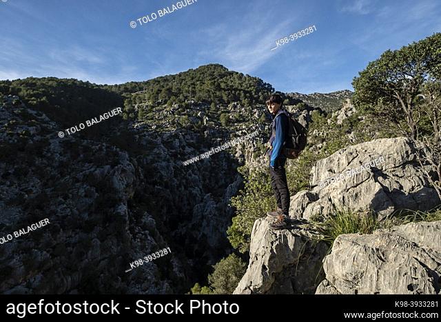 hiker observing the stream of Coma Freda, Campanet, Mallorca, Balearic Islands, Spain