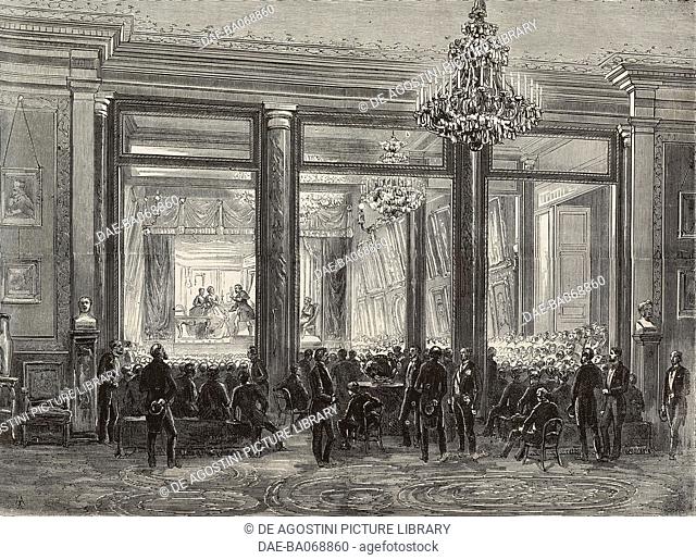 Many people attend a play inside the house of French sculptor Emilien de Nieuwerkerke (1811-1892), engraving from L'Illustration, Journal Universel, vol 37