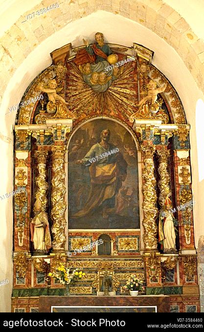 Caracena, San Pedro church (romanesque 12th century). Baroque altarpiece. Soria province, Castilla y Leon, Spain