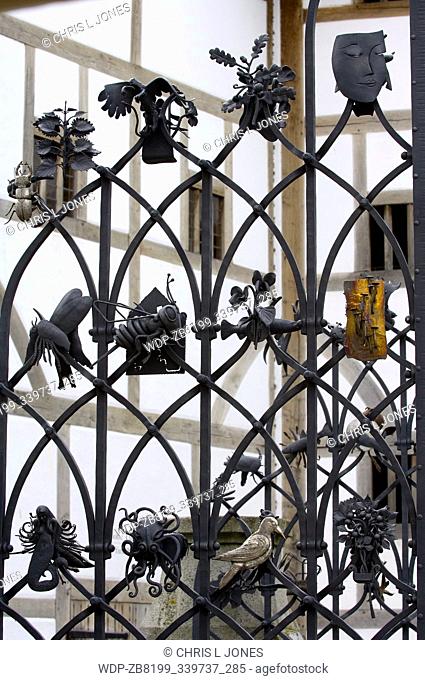 Detail of entrance gate, The Globe Theatre, Bankside, London, England, United Kingdom, Europe