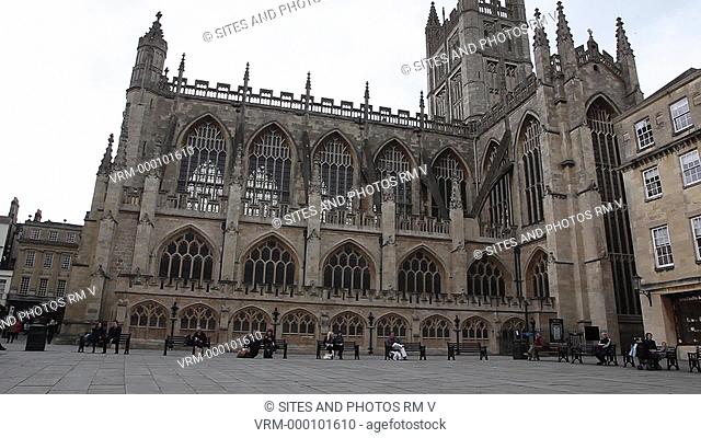 TILT up, exterior, daylight. Exterior of the south aisle and transept of Bath Abbey. Originally a Norman church built on even earlier foundations