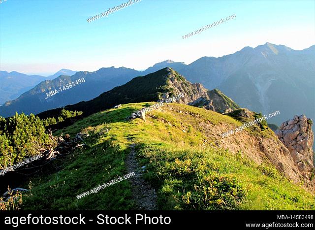 Hike to Wörner Sattel, summit ridge, mountain ridge, view of the Soierngruppe in the background, blue sky, Europe, Germany, Bavaria, Upper Bavaria
