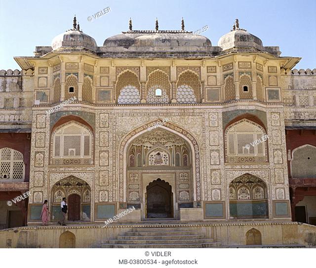 India, Rajasthan, Jaipur, fort ambergris,  Gate 'Ganesh Pol'  Asia, South Asia, ambergris palace, fortress, palace city, fortification, buildings, construction