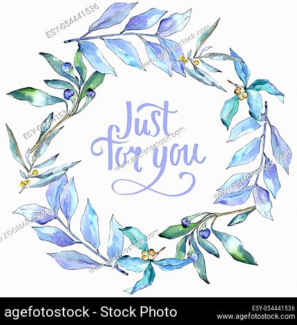 Blue elaeagnus leaves in a watercolor style. Frame border ornament square. Aquarelle leaf for background, texture, wrapper pattern, frame or border