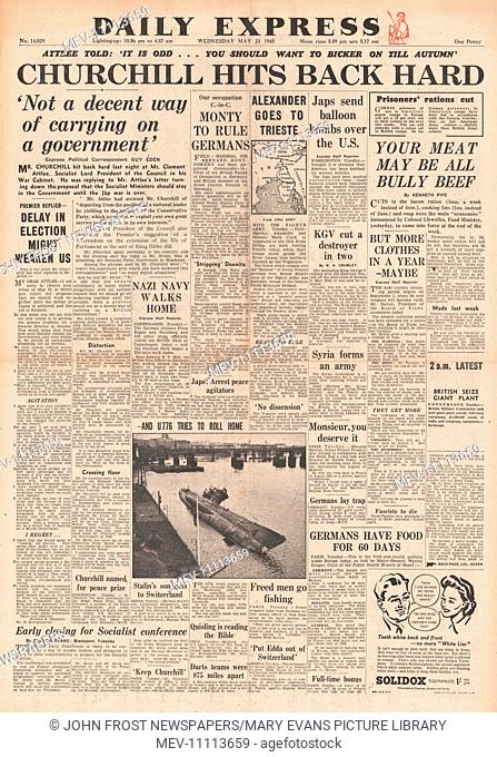1945 Daily Express front page reporting General Election Announced and Churchill Hits Back at Atlee