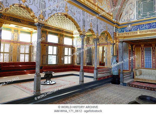 Interior of the Imperial Hall (Hunkar Sofas?) at Topkapi Palace in Istanbul. Turkey. In the 15th century, the Topkapi served as the main residence and...