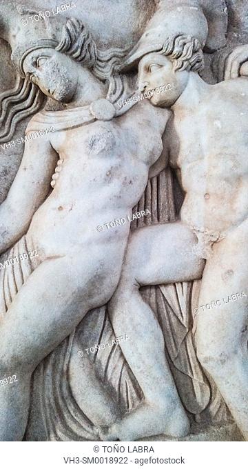 Achilles supports the dying Amazon queen Penthesilea. Aphrodisias Museum. Ancient Classic Greece. Asia Minor. Turkey