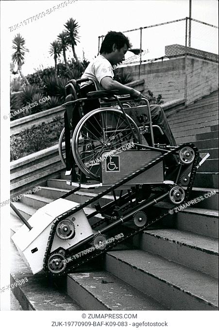 Sep. 09, 1977 - Caterpillars for Osaka stations: For those who are confined to wheel chairs negotiating the steps which lead into and out of the railway...