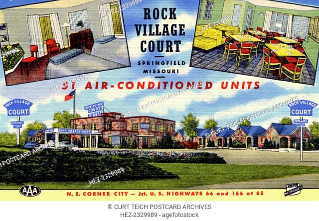 Rock Village Court motel, Springfield, Missouri, USA, 1950. Vintage postcard showing interior and exterior views of Rock Village Court