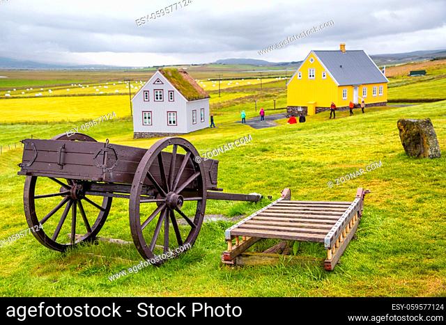 Agricultural cart and countryside homes in Iceland