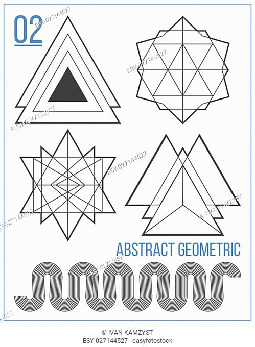 Simple collection with abstract geometric figures, lines, circle, polygon, handwork font