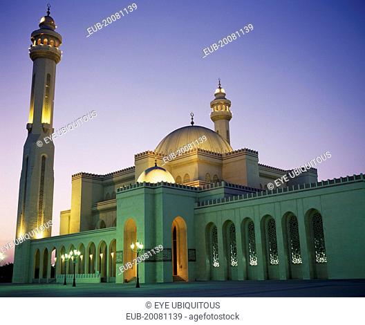 Al Faith Mosque. Exterior and minaret illuminated at night