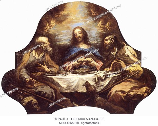 Supper at Emmaus, by Alessandro Magnasco known as Lissandrino, 18th century, oil on shaped canvas. Italy, Liguria, Genoa, Convent of St