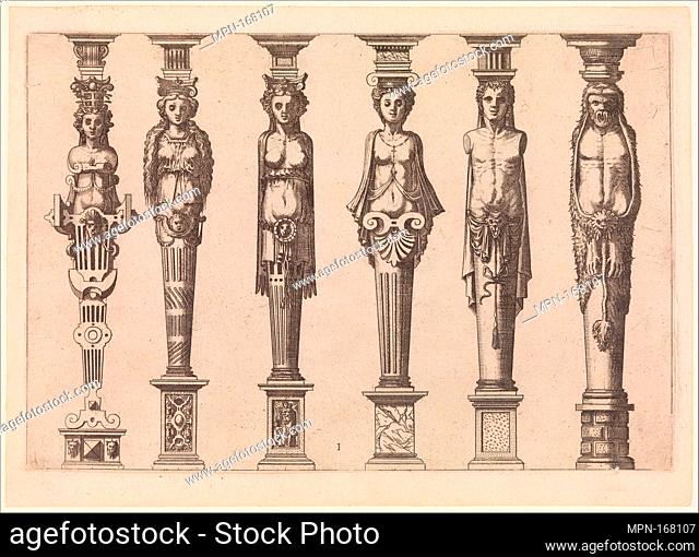 Six terms, four female and two male, with Hercules at far right, plate 1, from Caryatidum [.] sive Athlantidum multiformium ad quemlibet Architecture ordinem...