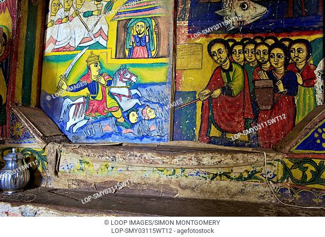 Wall murals in the interior of the 16th century Christian monastery and church of Azuwa Maryam by Lake Tana in Ethiopia