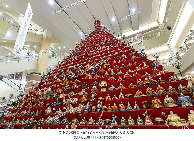 February 20, 2019, Saitama, Japan - A 7 meter in height doll pyramid adorns the Elumi Kounosu Shopping Mall in Konosu city