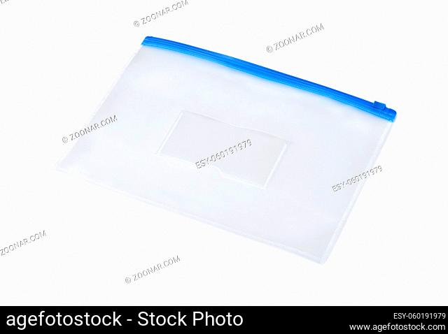 Plastic transparent zipper document folder isolated on white