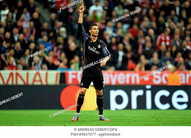 Madrid's Cristiano Ronaldo reacts during the first leg of the Champions League quarter final match between Bayern Munich and Real Madrid in the Allianz Arena in...
