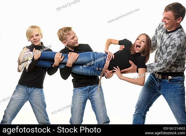 Dad and sons pull sister in different directions, white background
