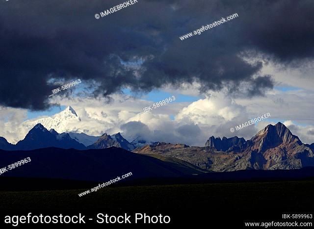 Mountain range of the Cordillera Blanca under dark clouds, Ruta 110, near Chavín de Huántar, Ancash region, Peru, South America