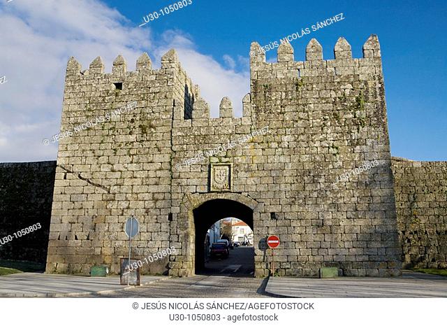 Entrance of castle walls in Trancoso village, in Beira Alta  Guarda District  Portugal