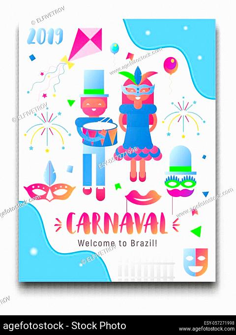 Brazil Carnival Poster, Banner. Invitation Card for Popular Event - Brasil Carnaval - Text and Objects and Symbols. Vector Illustration