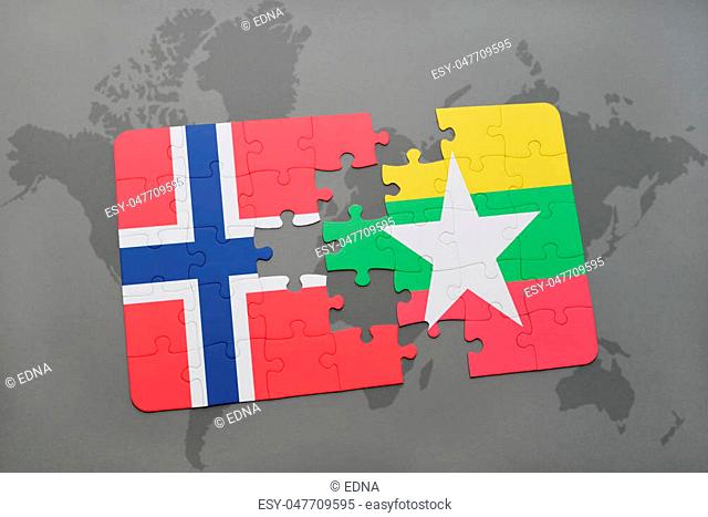 puzzle with the national flag of norway and myanmar on a world map background. 3D illustration