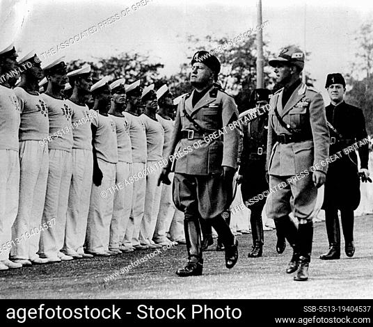 The Duce Reviews Young Fascists:Mussolini reviewing Avanguardisti at Campo Dux. On right, in light uniform, is ihis son-in-law, Count Galeazzo Ciano