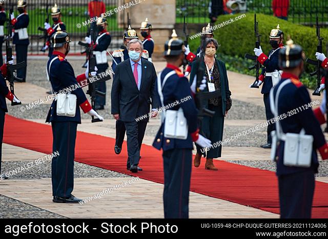 United Nations Secretary-General (Left) walks with his wife Catarina de Almeida Vaz Pinto on a honor guard street during the visit of the United Nations...