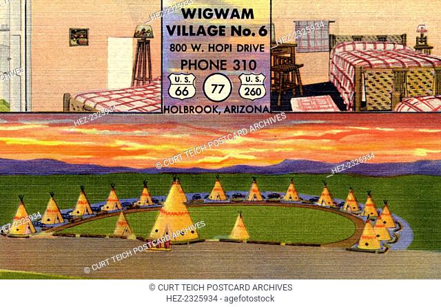 Vintage postcard shows interior and exterior views of the Wigwam Village No 6 motel, located on Route 66. The exterior view shows a ring of wigwam shaped...